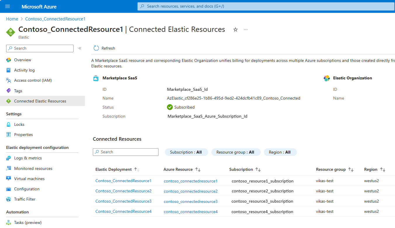 Captura de tela mostrando recursos elásticos conectados selecionados no menu Recurso.