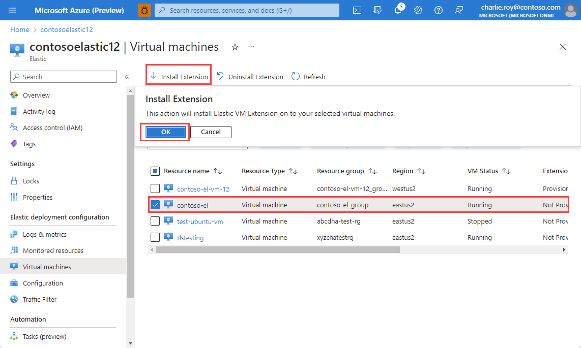 Captura de tela mostrando uma máquina virtual selecionada para uma instalação da extensão de VM elástica.