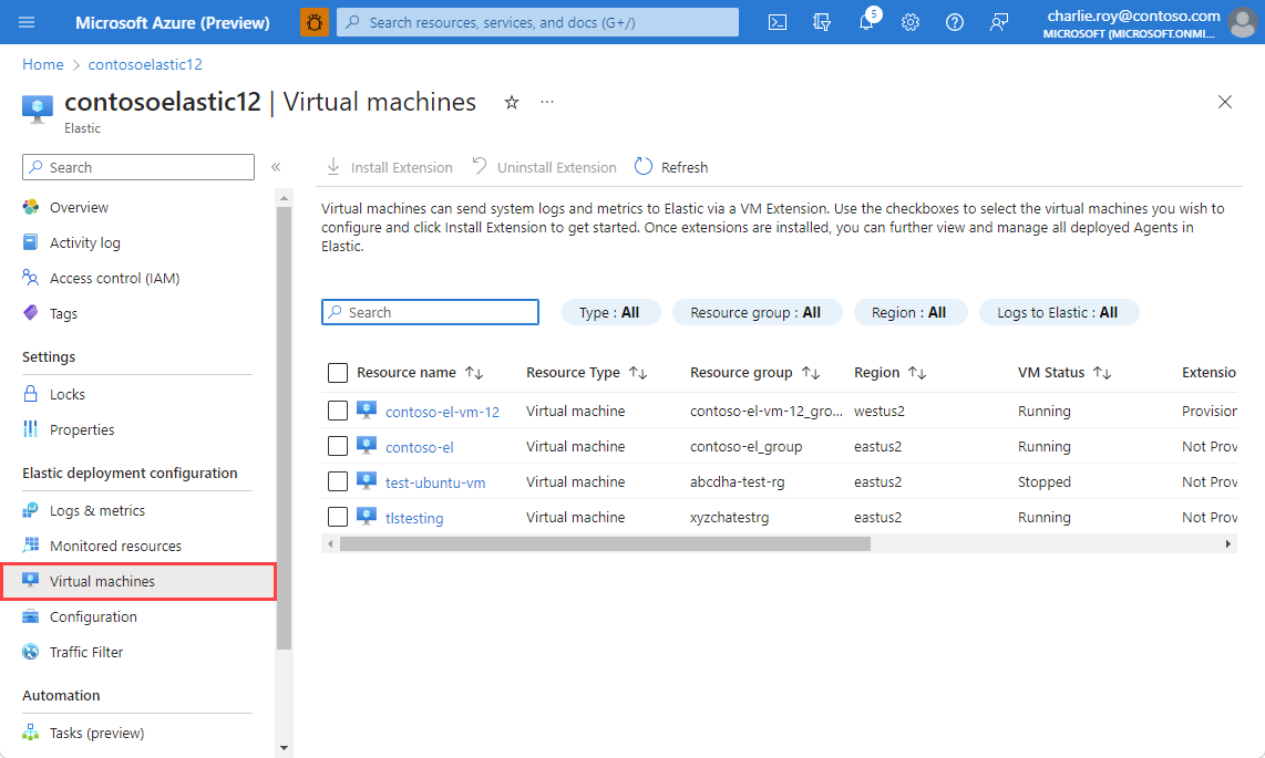 Captura de tela mostrando uma lista de máquinas virtuais em que você poderá instalar as informações de extensão e status da VM elástica.