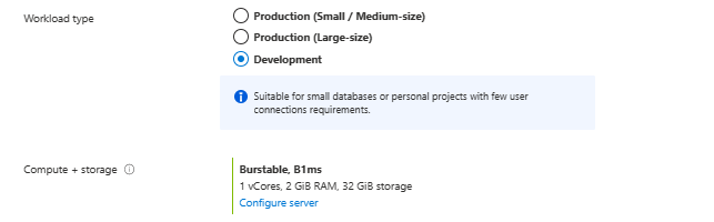 Captura de tela que mostra os valores padrão das configurações de computação + armazenamento.