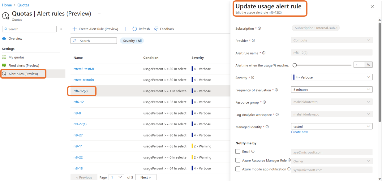 Captura de tela mostrando como editar regras da tela Regra de alerta no portal do Azure.