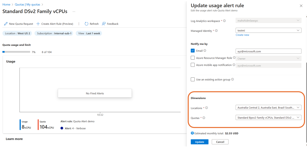 Captura de tela mostrando como adicionar dimensões ao editar uma regra de cota no portal do Azure.