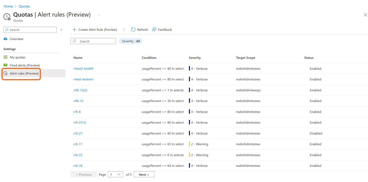 Captura de tela mostrando a tela Regra de alerta de cota no portal do Azure.