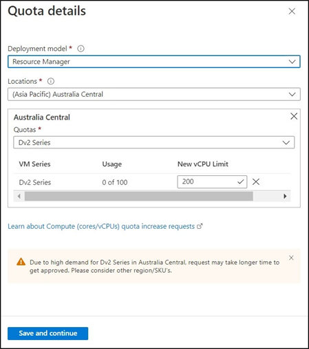 Captura de tela do painel de detalhes de Cotas no portal do Azure.