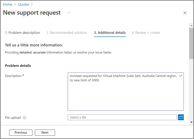 Captura de tela mostrando a etapa de detalhes do Problema de uma solicitação de aumento de cota no portal do Azure.