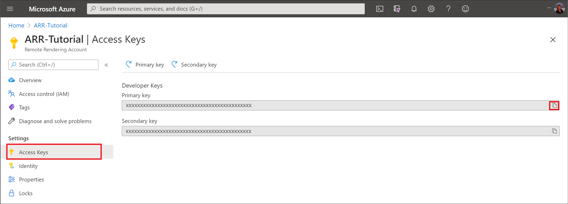 Captura de tela da conta do Azure Remote Rendering no submenu de Chaves de acesso.