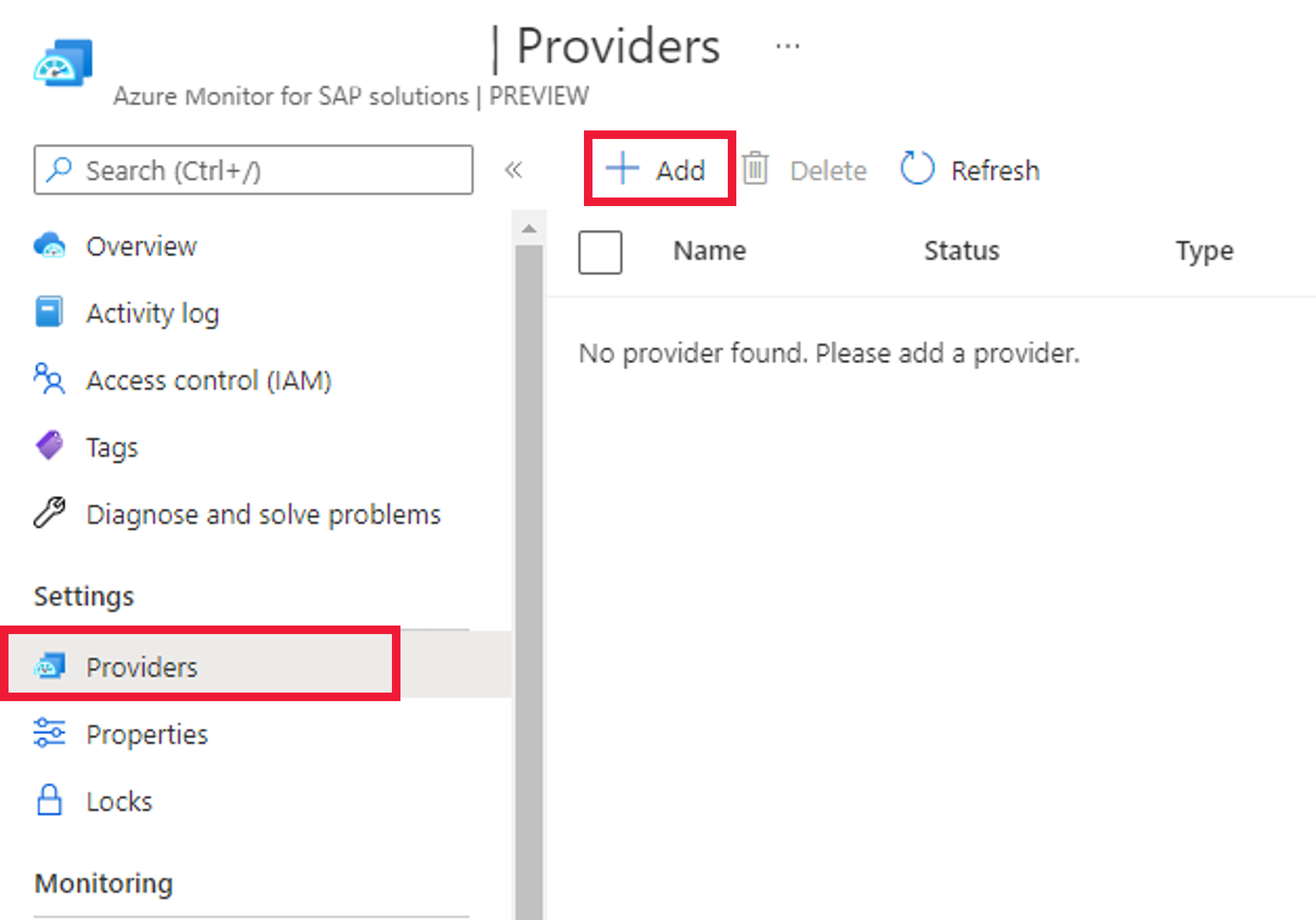 Diagrama que mostra o recurso Azure Monitor para soluções SAP no portal do Azure, mostrando o botão para adicionar um novo provedor.