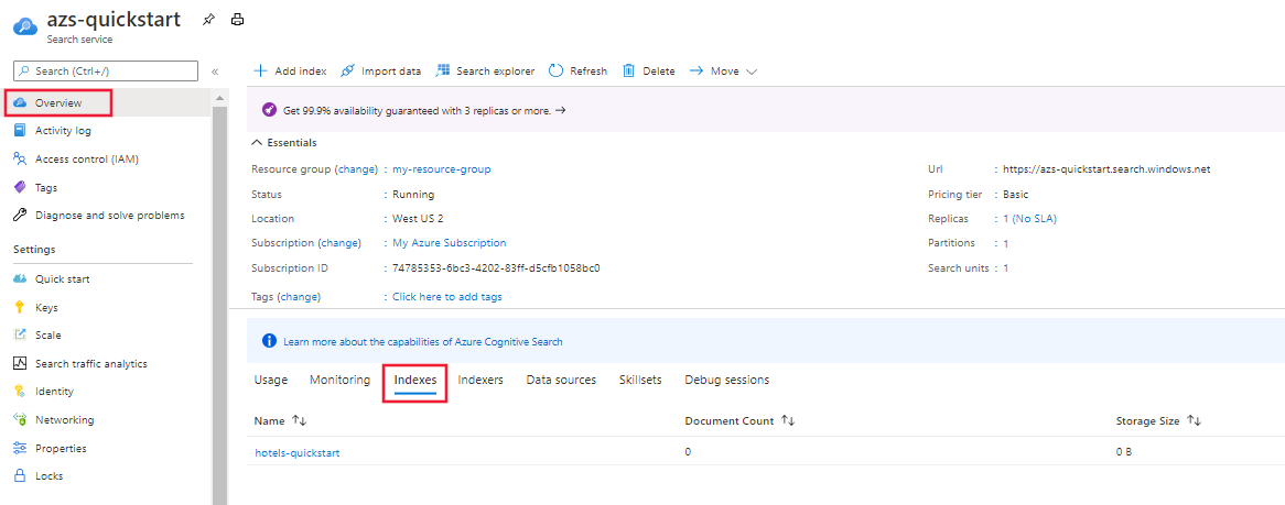 Captura de tela do portal do Azure, Visão Geral do serviço de pesquisa, guia Índices.