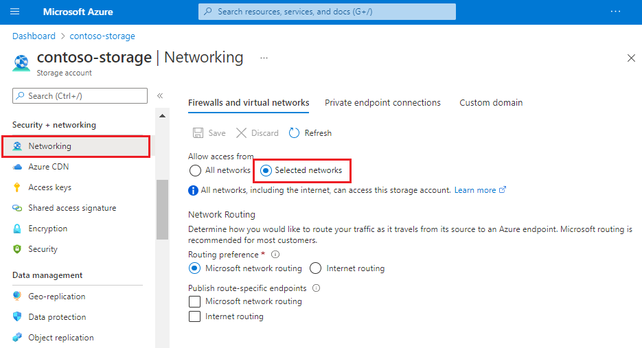 Captura de tela da página de redes virtuais e firewall de Armazenamento do Azure