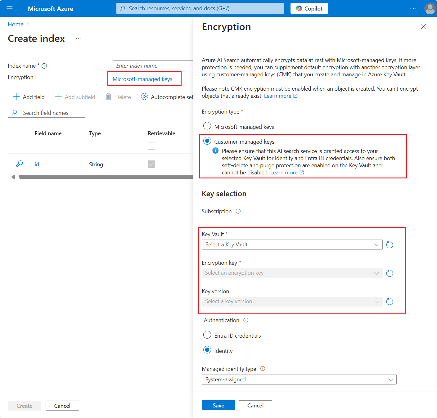 Captura de tela da página de chave de criptografia no portal do Azure.