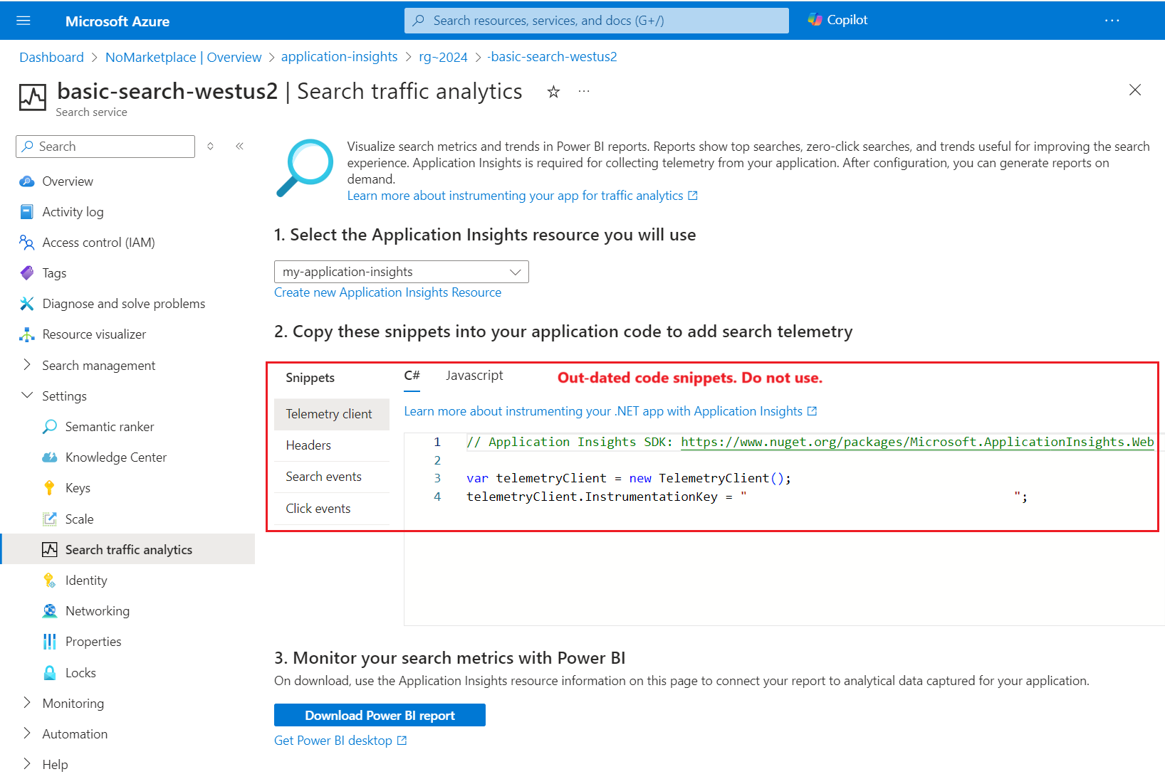 Captura de tela do comando e da página do portal para configurar o Application Insights.