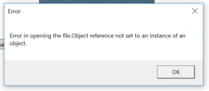 A captura de tela mostra um erro: Erro ao abrir o arquivo. A referência de objeto não está definida em uma instância de um objeto.