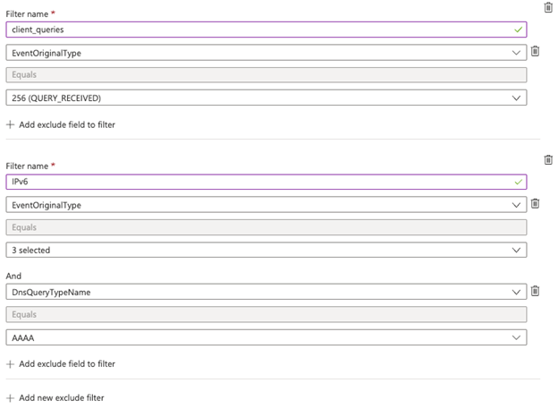 Captura de tela da filtragem de IDs de eventos e endereços IPv6 para o DNS do Windows por meio do conector AMA.