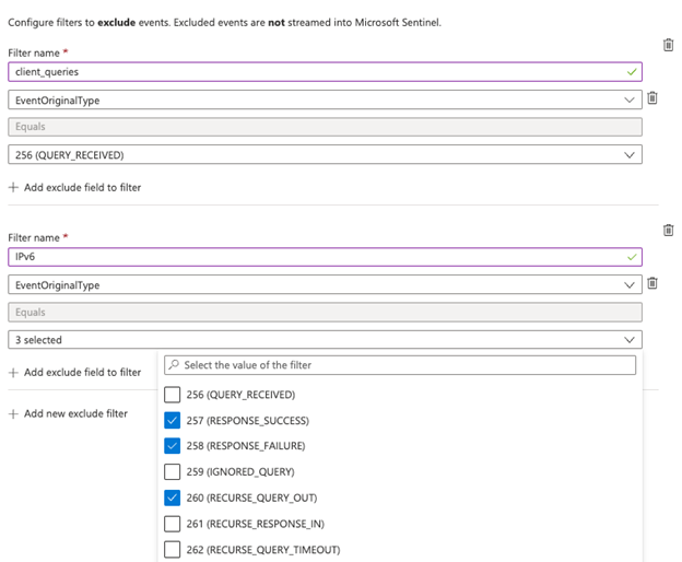 Captura de tela da filtragem de IDs de eventos para o DNS do Windows por meio do conector AMA.