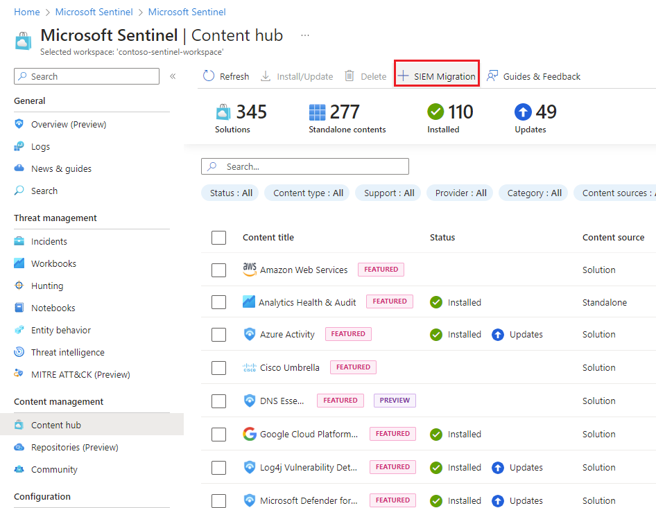 Captura de tela mostrando o hub de conteúdo do portal do Azure com o item de menu para a experiência de migração do SIEM.