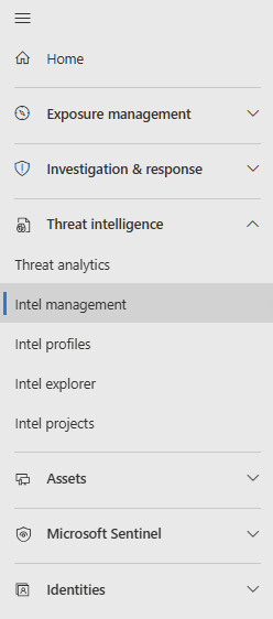 Captura de tela mostrando o novo posicionamento do menu de inteligência contra ameaças no Microsoft Sentinel.