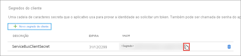 Captura de tela mostrando a seção Segredos do cliente com o segredo que você adicionou.