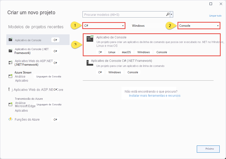 Imagem mostrando a caixa de diálogo Criar um projeto, com C# e Console selecionados