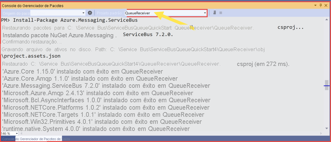 Captura de tela mostrando o projeto QueueReceiver selecionado no Console do Gerenciador de Pacotes.