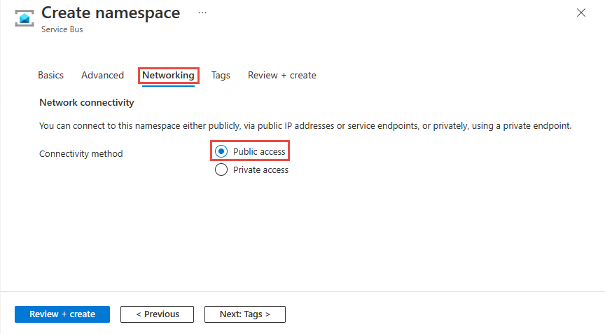 Captura de tela mostrando a página Rede do Assistente de criação do namespace com a opção Acesso público selecionada.