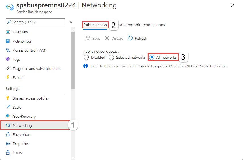 Captura de tela do guia Rede de um namespace do Barramento de Serviço com a opção padrão Todas as redes selecionadas.