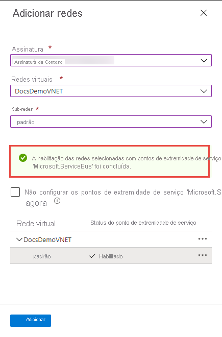 Imagem mostrando a mensagem de êxito da habilitação do ponto de extremidade de serviço.