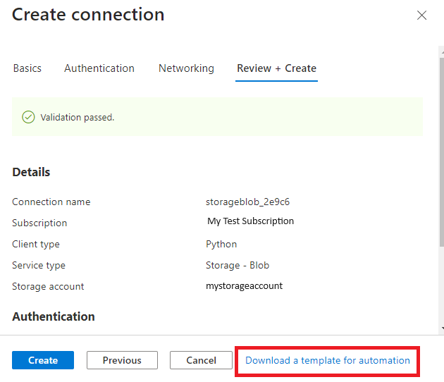 Captura de tela do portal do Azure, exportando o modelo de braço de um recurso do conector de serviço.