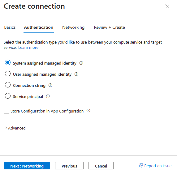 Captura de tela do portal do Azure, selecionando a autenticação de conexão da Configuração de Aplicativo.