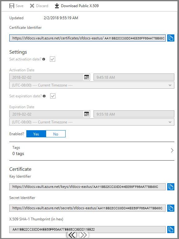 A captura de tela mostra a caixa de diálogo da Versão do Certificado com uma opção para copiar o Identificador do Certificado.