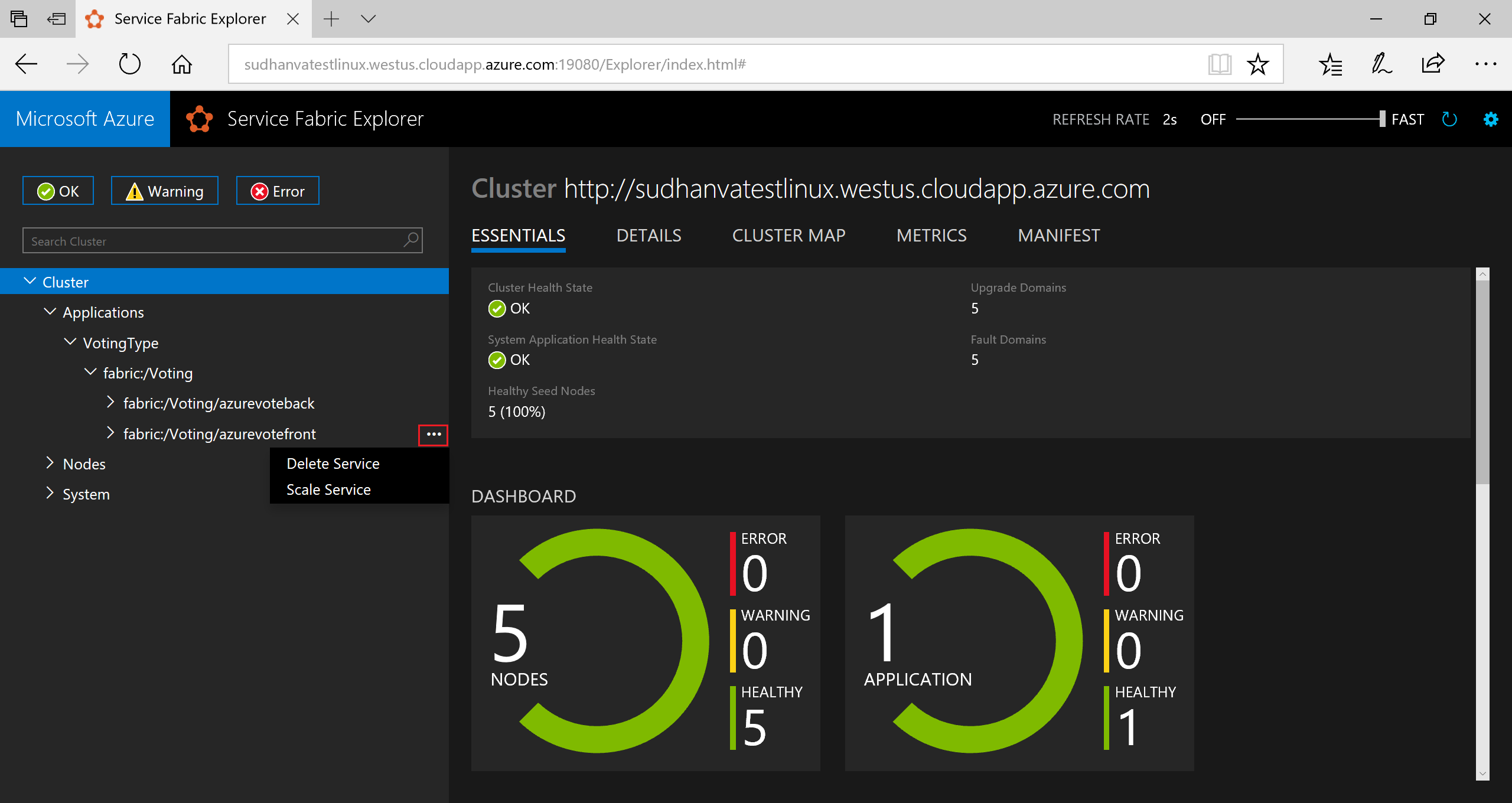 Início do serviço de escala do Service Fabric Explorer