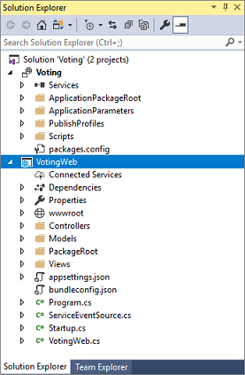 Captura de tela que mostra o Gerenciador de Soluções depois que o aplicativo é criado usando o serviço de API Web do ASP.NET Core.