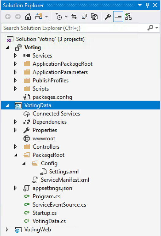 Captura de tela que mostra o projeto de serviço VotingData no Gerenciador de Soluções.