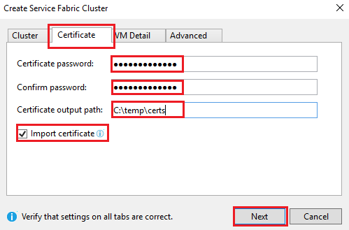 Captura de tela que mostra a guia Certificado da caixa de diálogo Criar Cluster do Service Fabric.