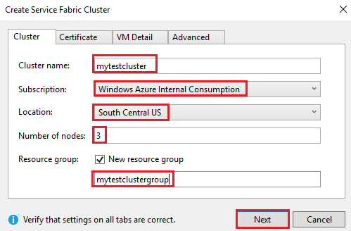 Captura de tela que mostra a guia Cluster da caixa de diálogo Criar Cluster do Service Fabric.