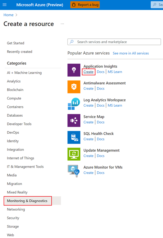 Captura de tela que mostra como criar um novo recurso do Application Insights.