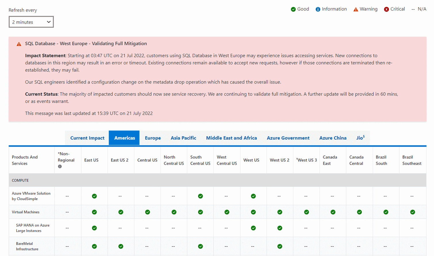 Captura de tela do exemplo de faixa de status do Azure