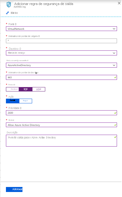 Screenshot shows Add outbound security rule for a network security group for Microsoft Entra ID.