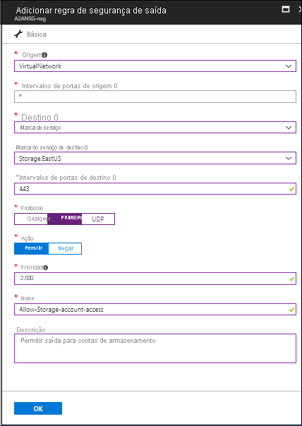 Screenshot shows Add outbound security rule for a network security group for Storage dot East U S.