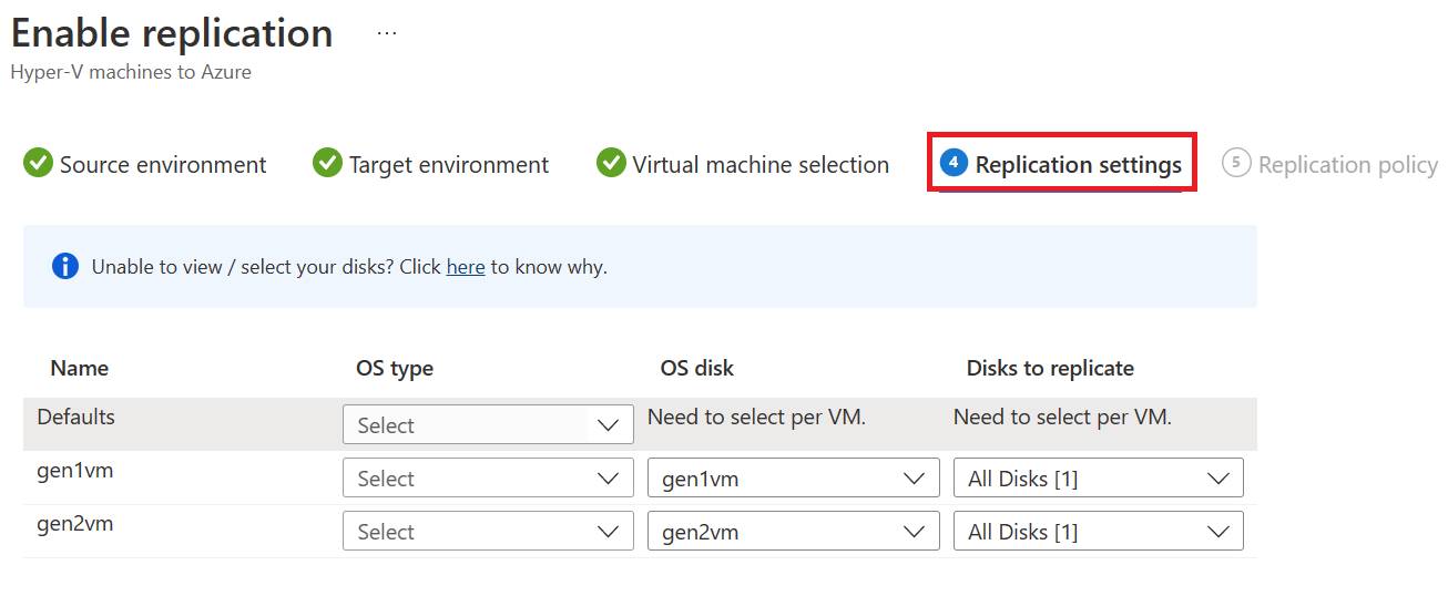 Captura de tela que mostra o painel Configurações de replicação.