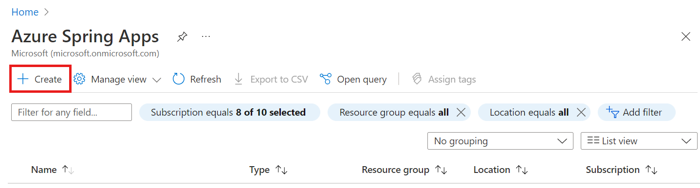 Captura de tela do portal do Azure mostrando o recurso do Azure Spring Apps com o botão Criar em destaque.