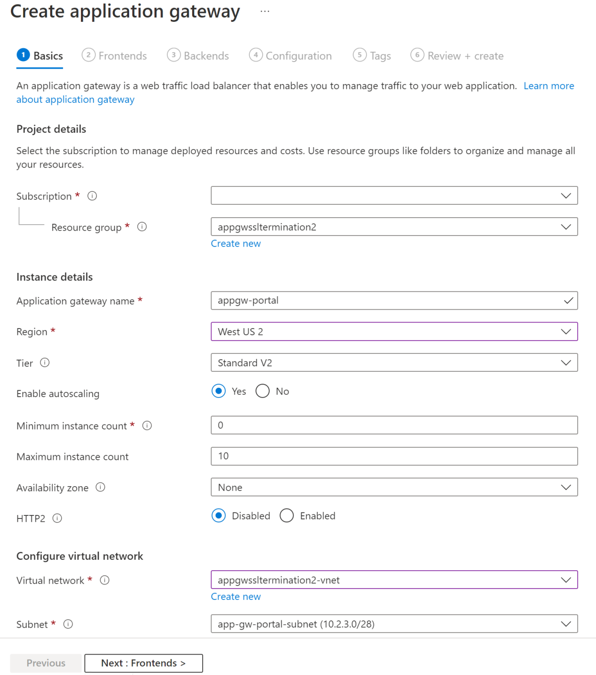 Captura de tela da página 'Criar gateway de aplicativo' no portal do Azure.