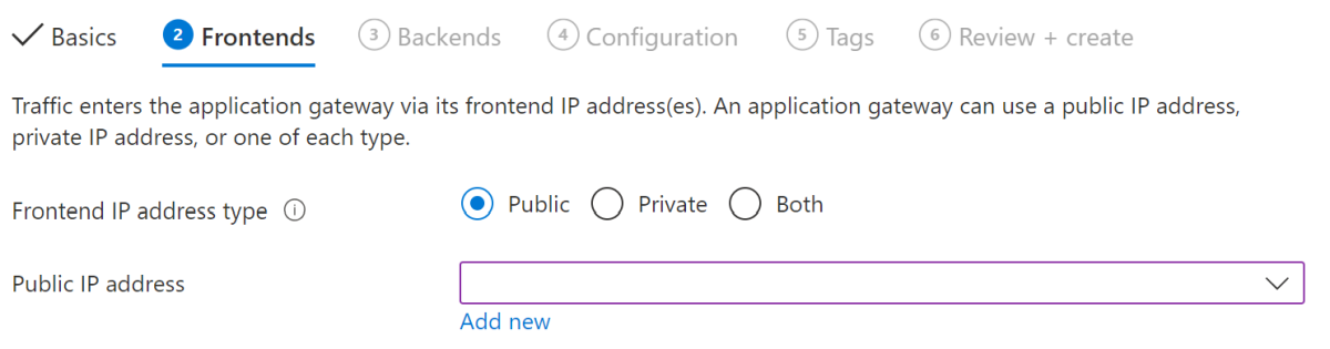 Captura de tela do portal do Azure mostrando a guia Front-ends da página 'Criar gateway de aplicativo' no portal do Azure.