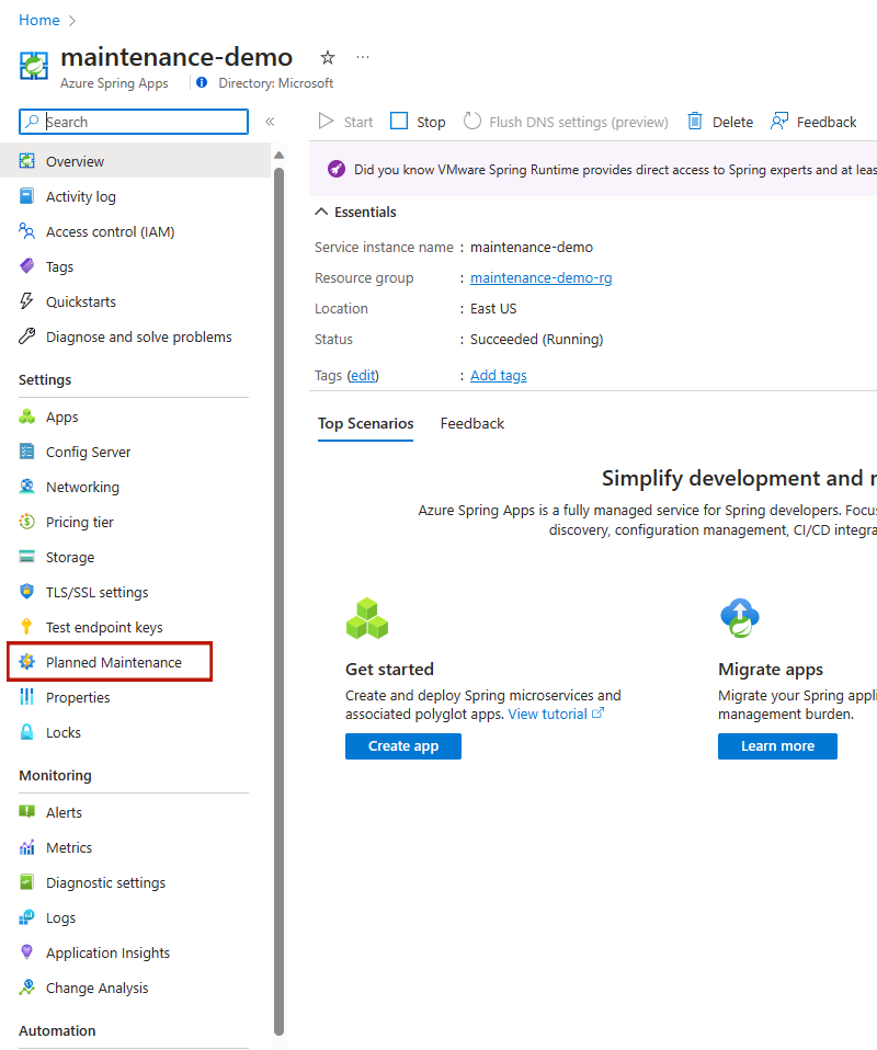 Captura de tela do portal do Azure que mostra a barra lateral dos Aplicativos Spring do Azure com a Manutenção Planejada realçada.