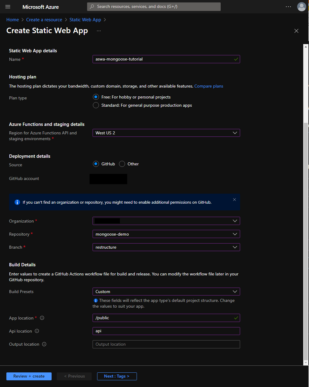 Formulário preenchido dos Aplicativos Web Estáticos do Azure