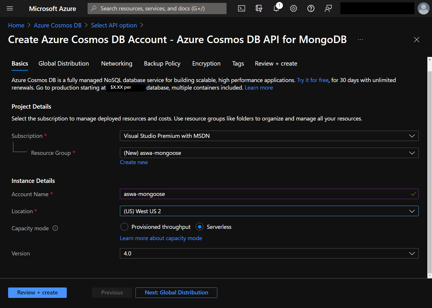 Captura de tela mostrando o formulário para criar uma nova instância do Cosmos DB.