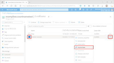 Screenshot showing how to access container lease settings in the Azure portal.