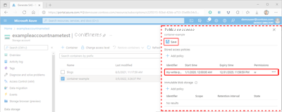 Screenshot showing how to apply a stored access policy within the Azure portal.