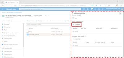 Screenshot showing how to add a stored access policy in the Azure portal.