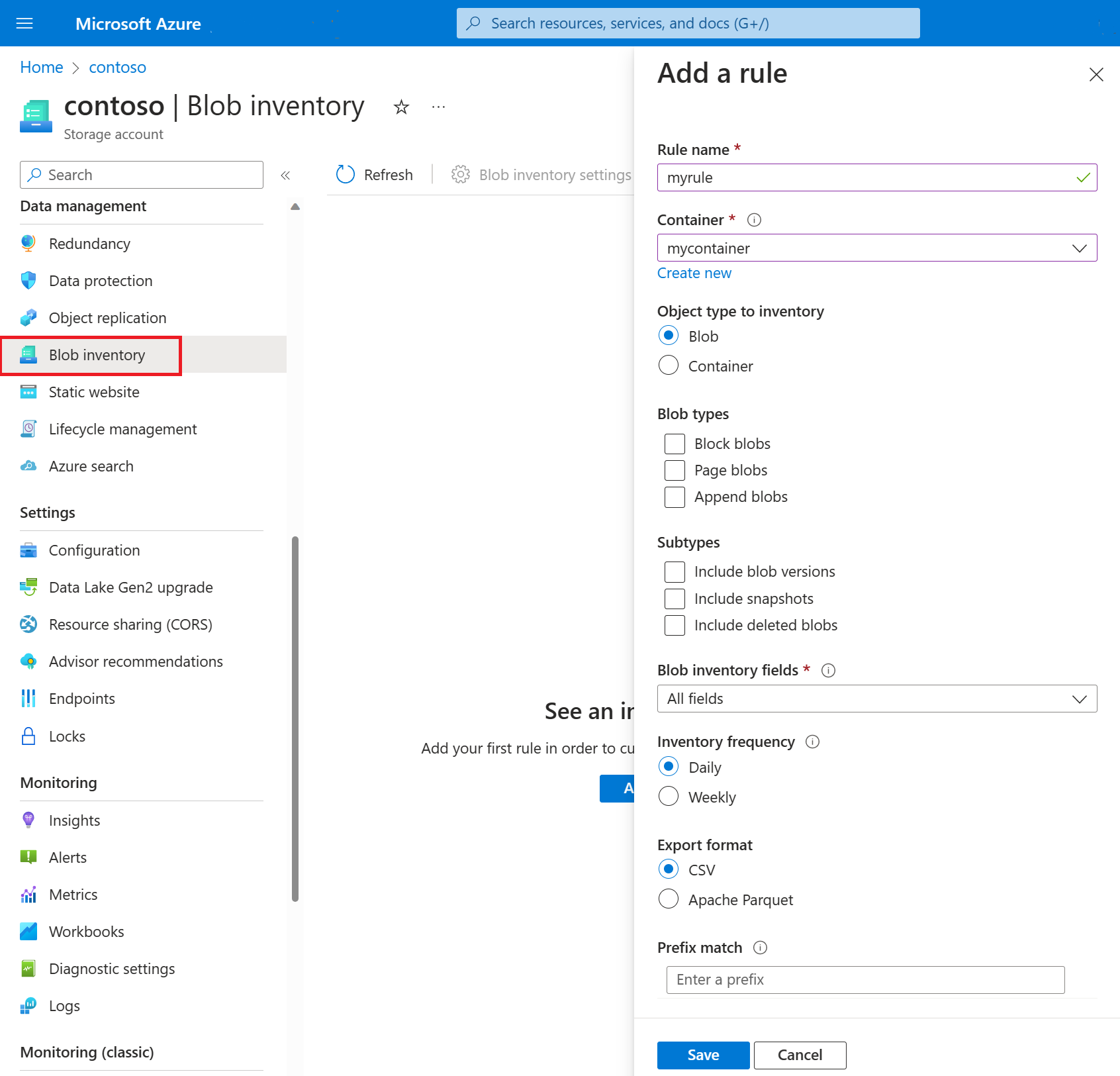 Captura de tela mostrando como adicionar uma regra de inventário de blob usando o portal do Azure.