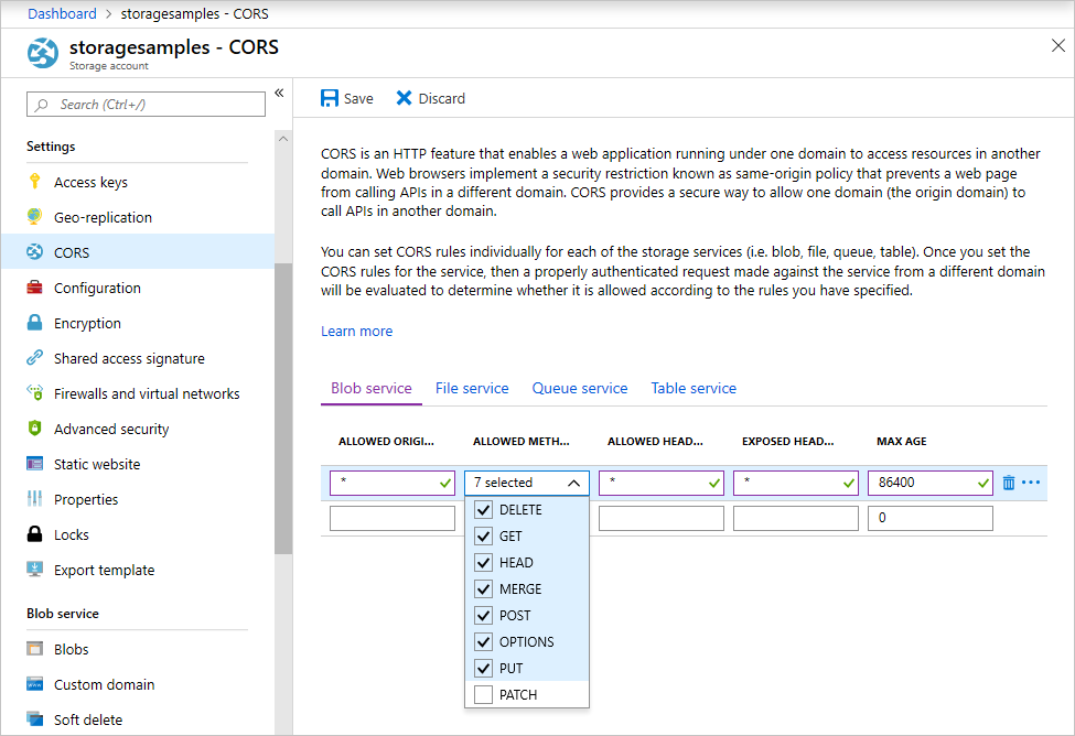 Configurações de CORS da conta do Armazenamento de Blobs do Azure